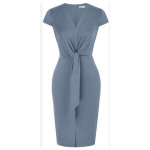 Grace Karin Womens XL Blue Midi Dress Tie Waist & V-Neck Stylish Slit Elegant